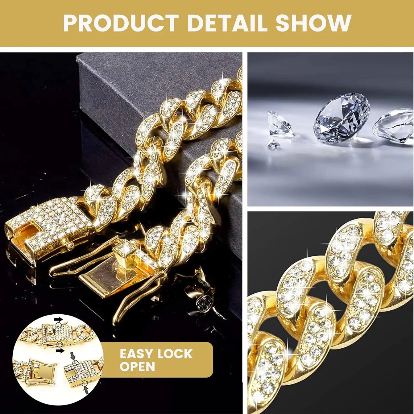 Luxury Diamond Cuban Dog Collar - Secure Metal Chain & Buckle for Pets