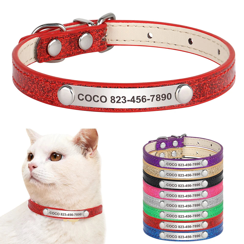 Personalized Bling Leather Cat & Small Dog Collar with Engraved ID
