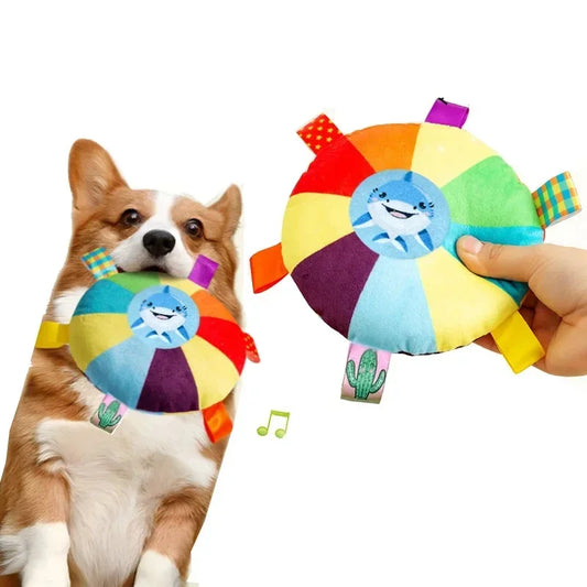 Rainbow Plush Flying Disc Dog Toy Interactive Chew & Fun