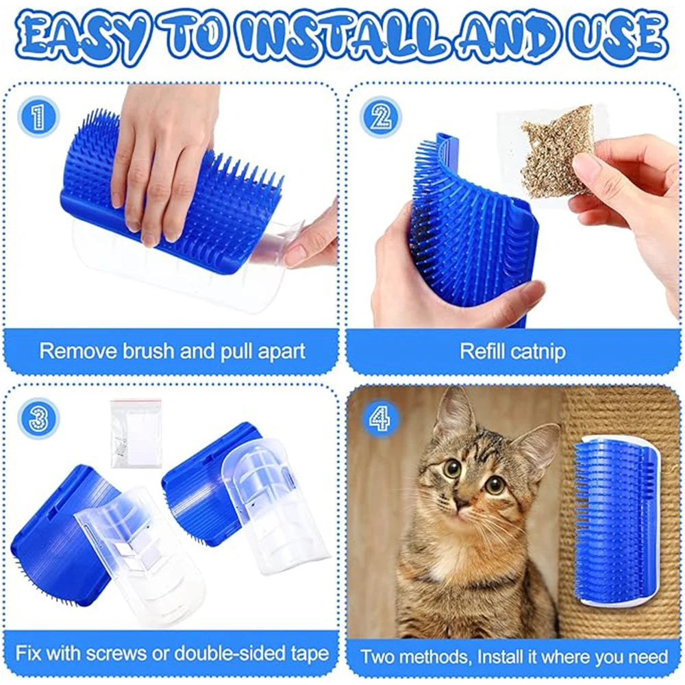 Wall Corner Cat Self Groomer Brush with Catnip & Massager