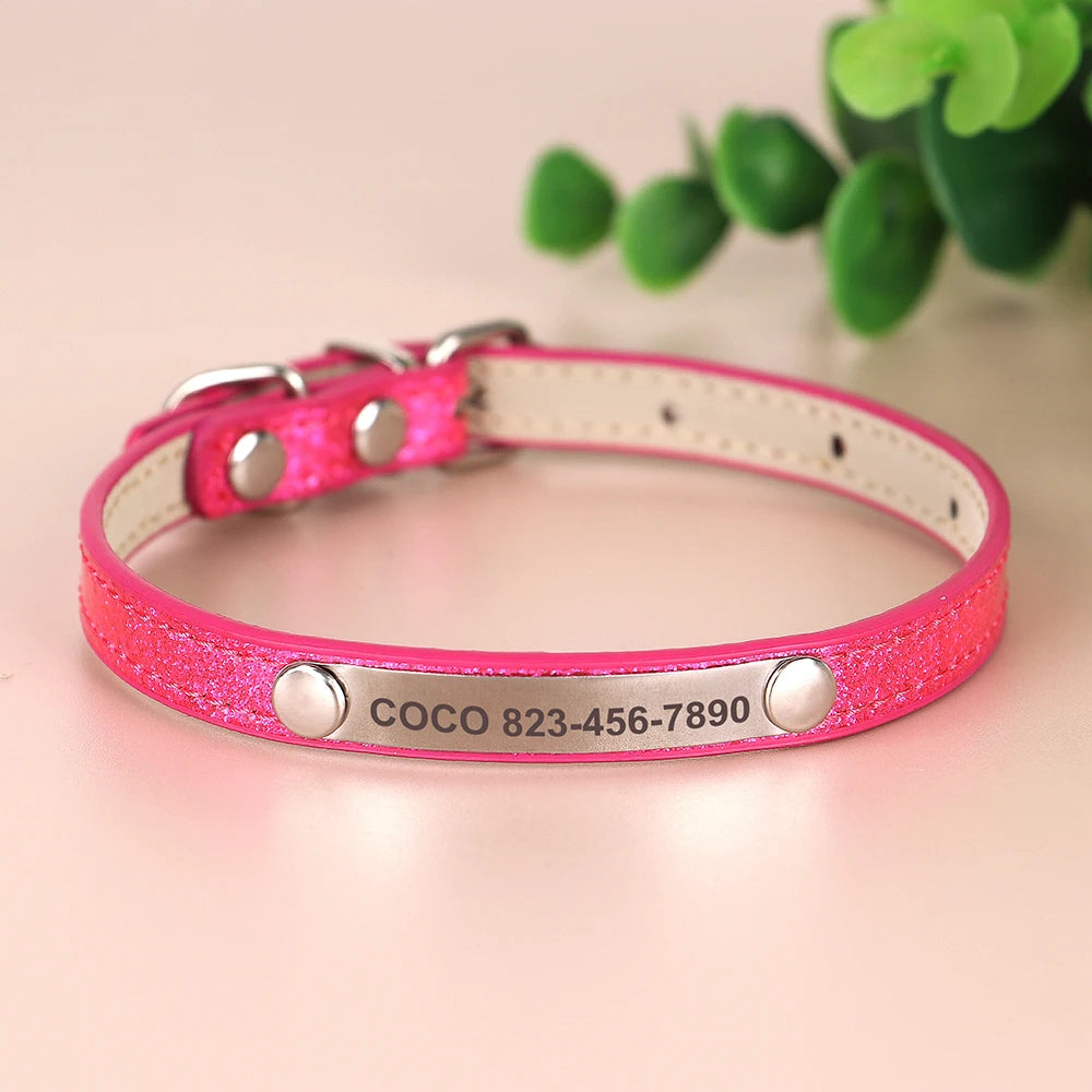 Personalized Bling Leather Cat & Small Dog Collar with Engraved ID