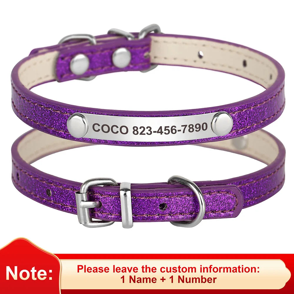 Personalized Bling Leather Cat & Small Dog Collar with Engraved ID