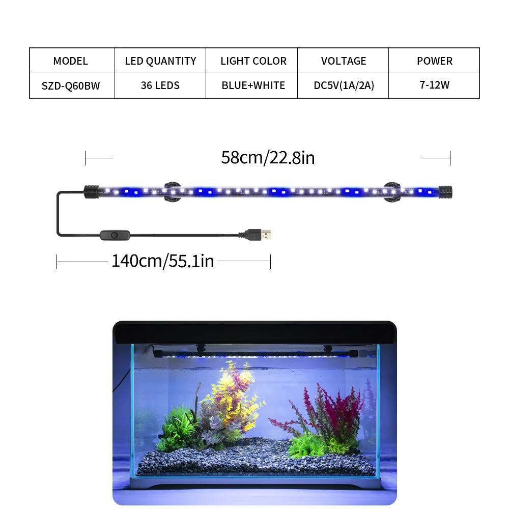 USB LED Aquarium Light | Plant Grow & Fish Tank Decor - Waterproof