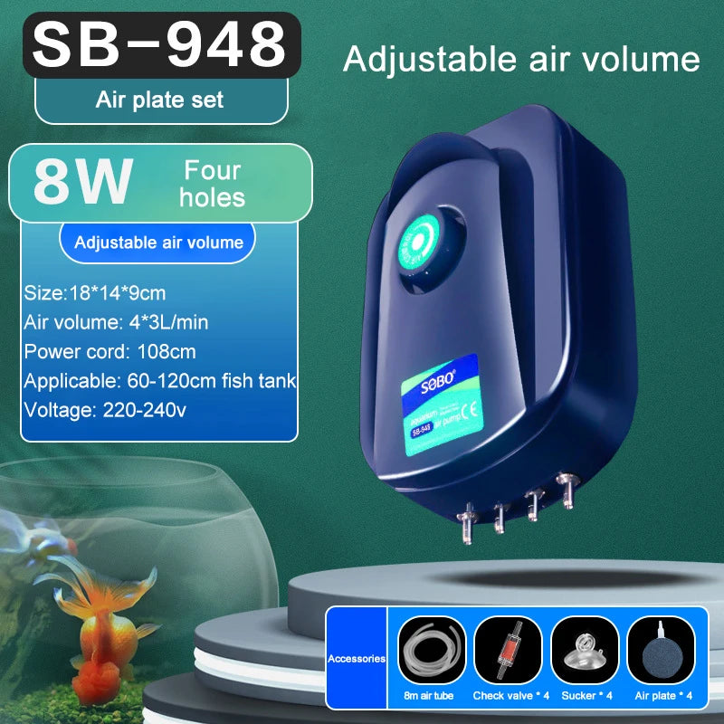 SOBO Silent Adjustable High Power Aquarium Air Pump Oxygenator