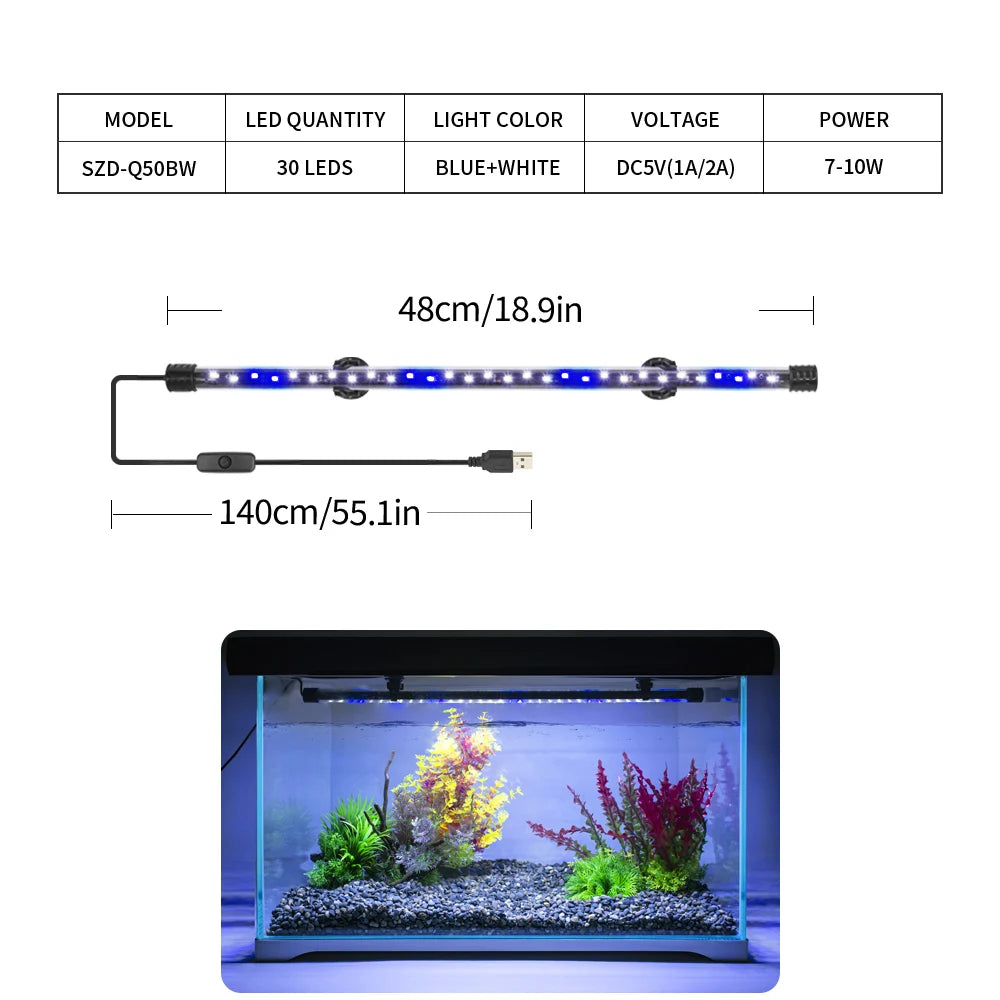 USB LED Aquarium Light | Plant Grow & Fish Tank Decor - Waterproof
