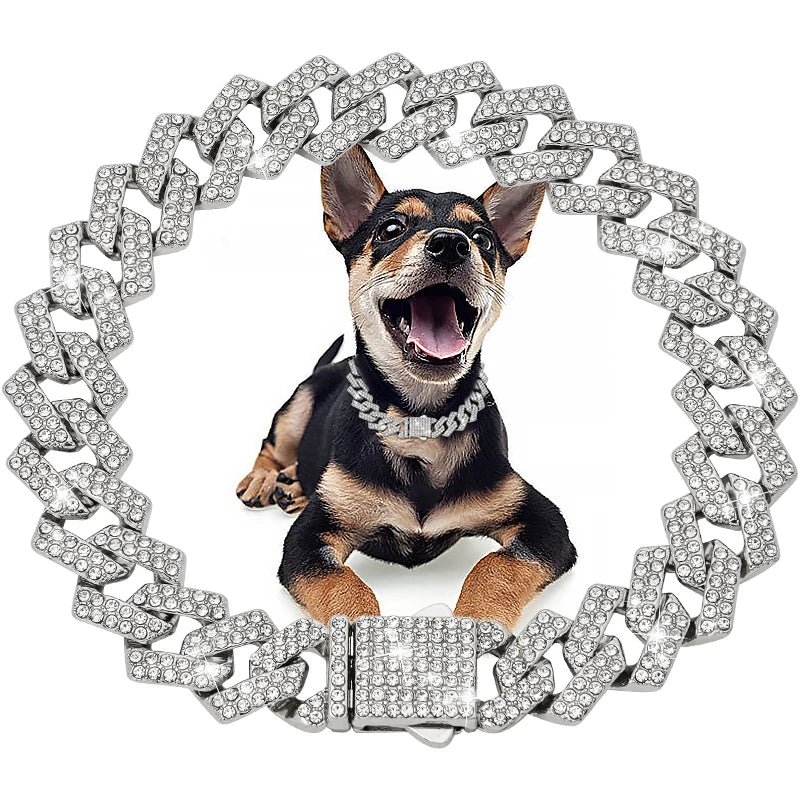 Luxury Diamond Cuban Dog Collar - Secure Metal Chain & Buckle for Pets