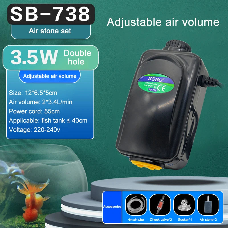 SOBO Silent Adjustable High Power Aquarium Air Pump Oxygenator