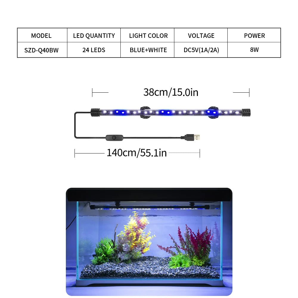 USB LED Aquarium Light | Plant Grow & Fish Tank Decor - Waterproof