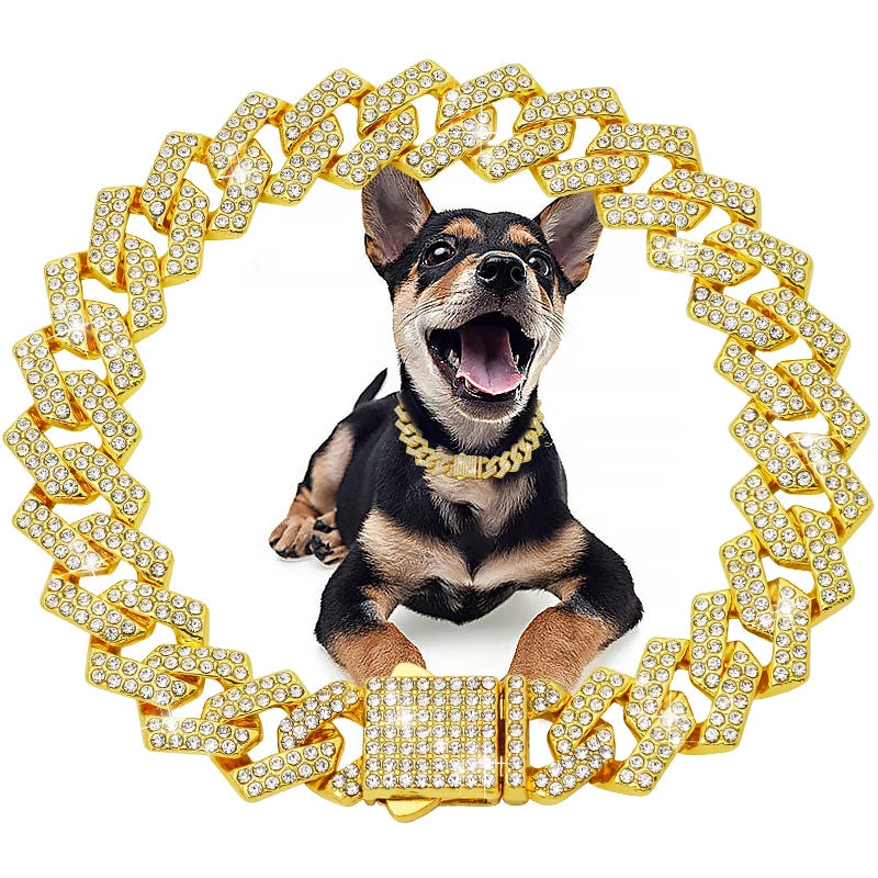 Luxury Diamond Cuban Dog Collar - Secure Metal Chain & Buckle for Pets
