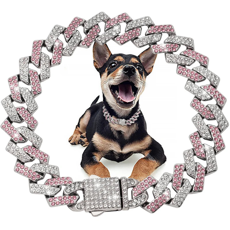 Luxury Diamond Cuban Dog Collar - Secure Metal Chain & Buckle for Pets