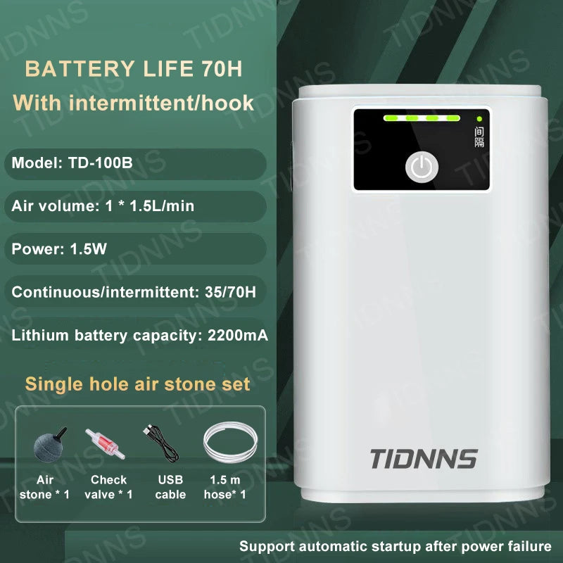 Portable Aquarium Air Pump: USB Rechargeable, 185 Hr Battery