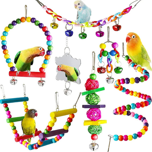 7-Pc Wood Parrot Toys & Bird Cage Accessories Set