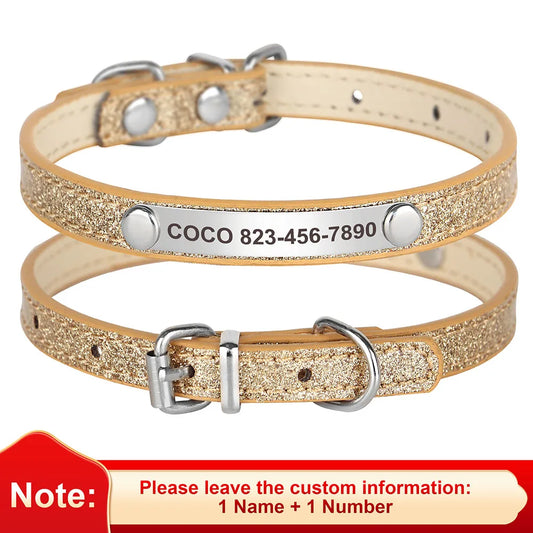 Personalized Bling Leather Cat & Small Dog Collar with Engraved ID