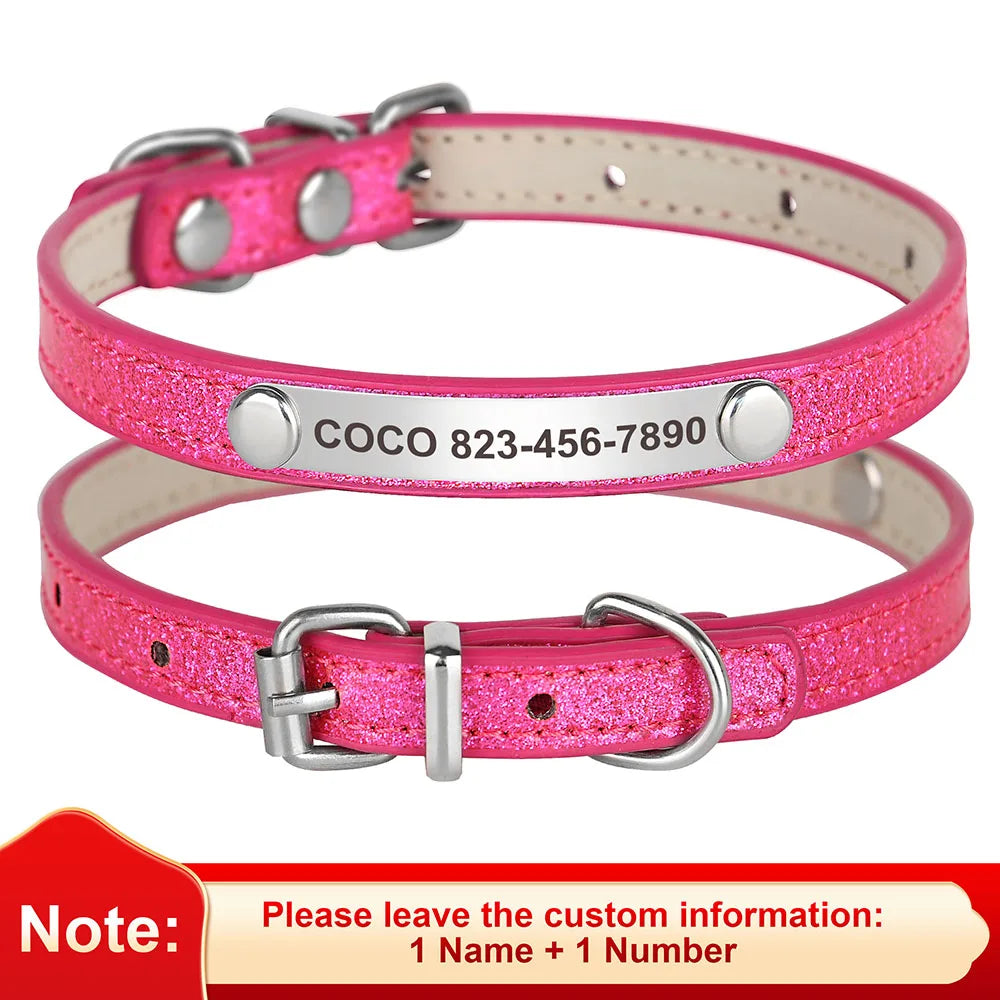 Personalized Bling Leather Cat & Small Dog Collar with Engraved ID