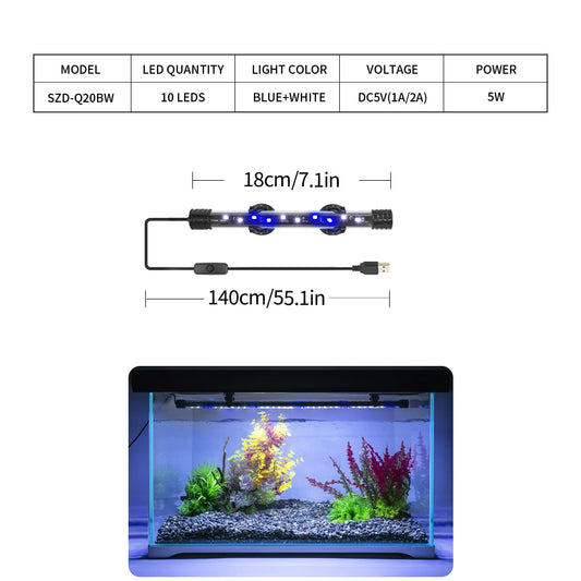 USB LED Aquarium Light | Plant Grow & Fish Tank Decor - Waterproof