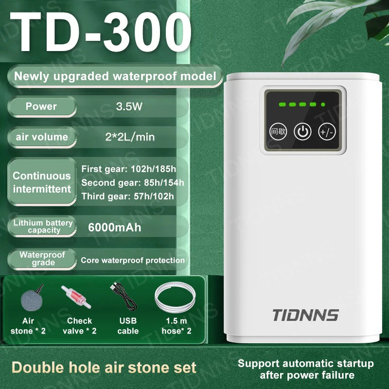 Portable Aquarium Air Pump: USB Rechargeable, 185 Hr Battery