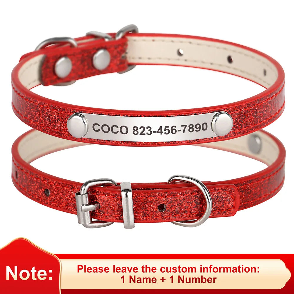 Personalized Bling Leather Cat & Small Dog Collar with Engraved ID