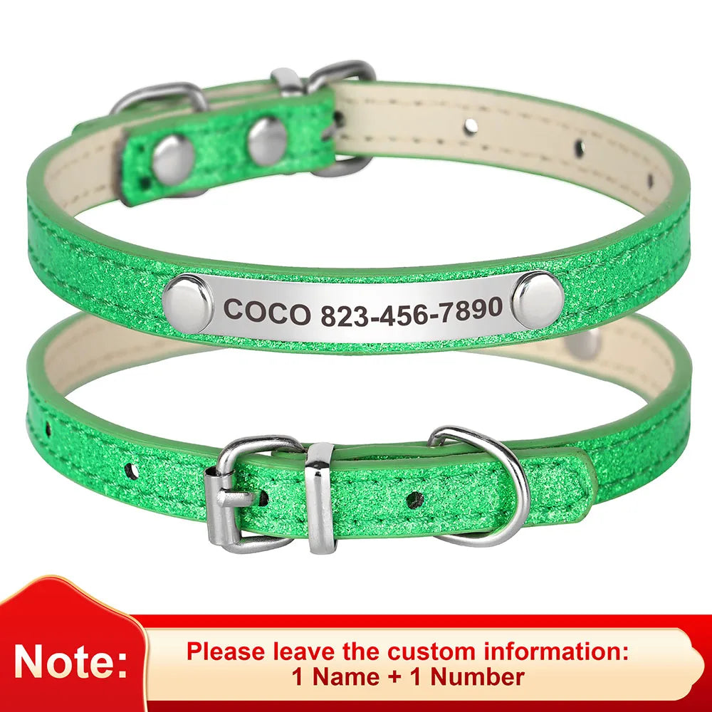 Personalized Bling Leather Cat & Small Dog Collar with Engraved ID