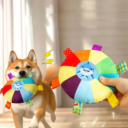 Rainbow Plush Flying Disc Dog Toy Interactive Chew & Fun