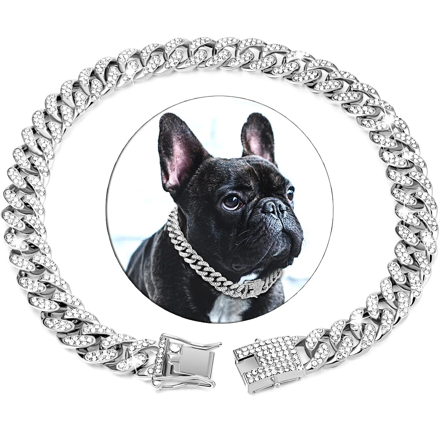 Luxury Diamond Cuban Dog Collar - Secure Metal Chain & Buckle for Pets